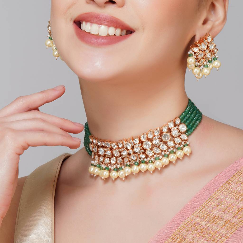 Gold Plated White Kundan Green Pearls Choker : BP-NK-92