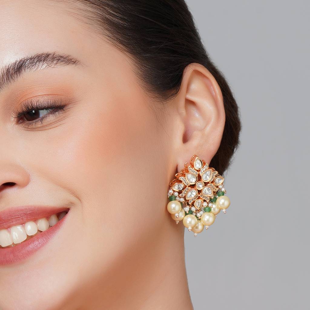 Gold Plated White Kundan Green Pearls Choker : BP-NK-92