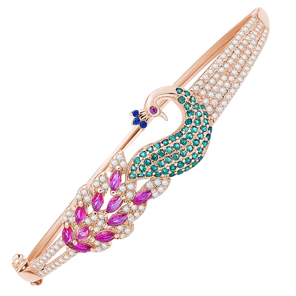 Peacock Cz Rose Gold Plated 925 Sterling Silver Cuff Bracelet : BR-80145