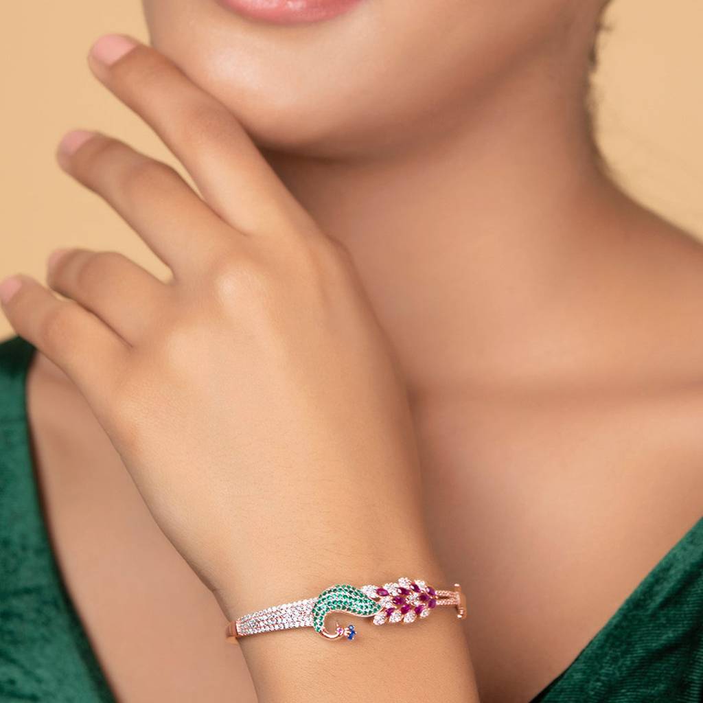 Peacock Cz Rose Gold Plated 925 Sterling Silver Cuff Bracelet : BR-80145