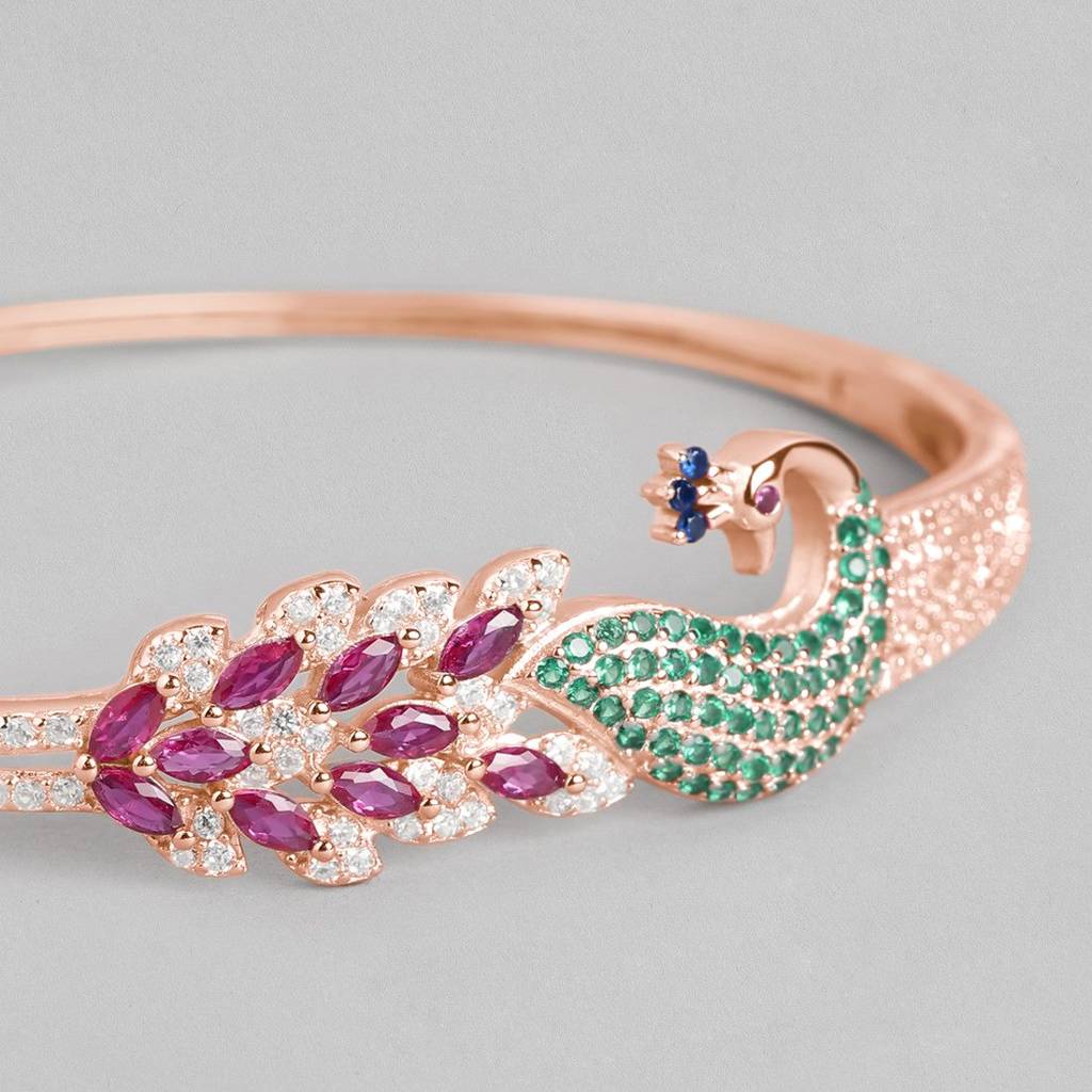 Peacock Cz Rose Gold Plated 925 Sterling Silver Cuff Bracelet : BR-80145