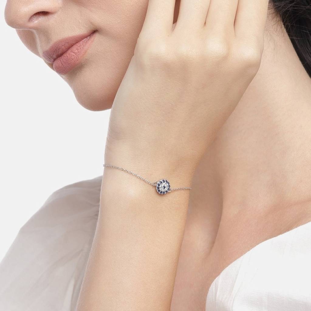 Floral Cz Rhodium Plated 925 Sterling Silver Chain Bracelet : BR-80225-R