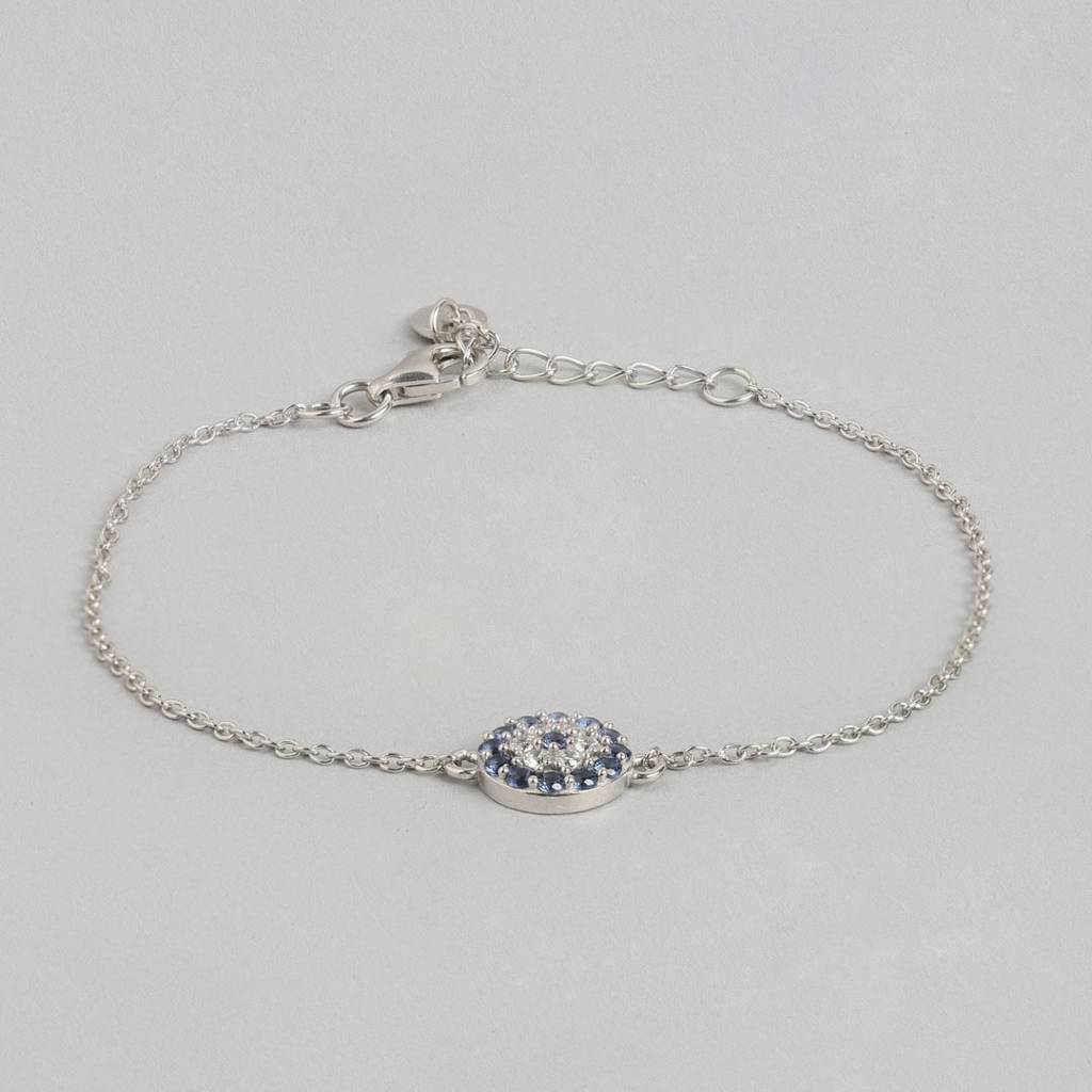 Floral Cz Rhodium Plated 925 Sterling Silver Chain Bracelet : BR-80225-R