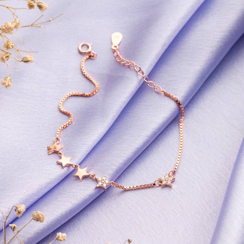 Star Cz Rose Gold Plated 925 Sterling Silver Chain Bracelet : BR-80241-RG