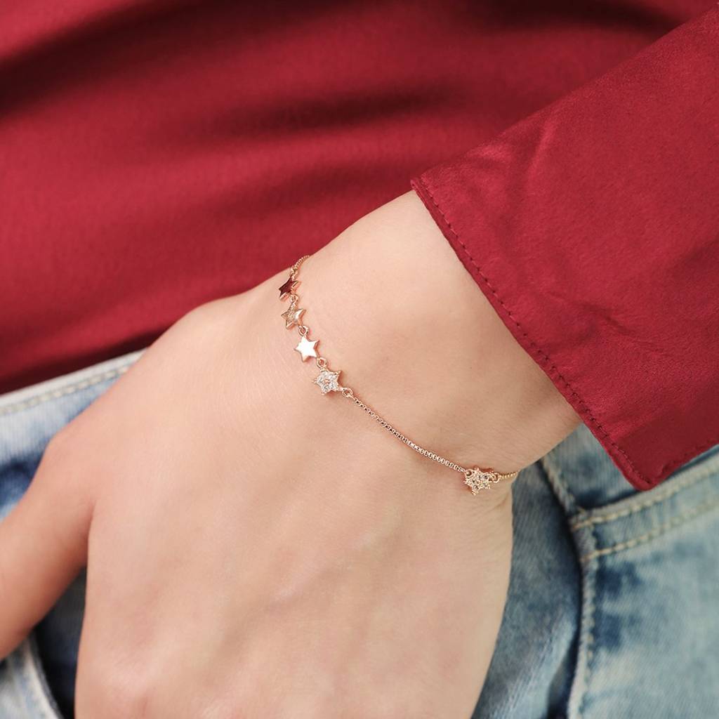Star Cz Rose Gold Plated 925 Sterling Silver Chain Bracelet : BR-80241-RG