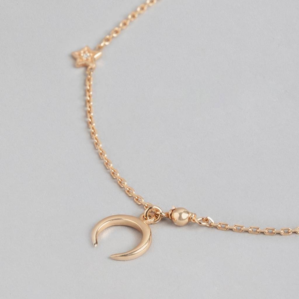 Moon Cz Rose Gold Plated 925 Sterling Silver Chain Bracelet : BR-80285-RG