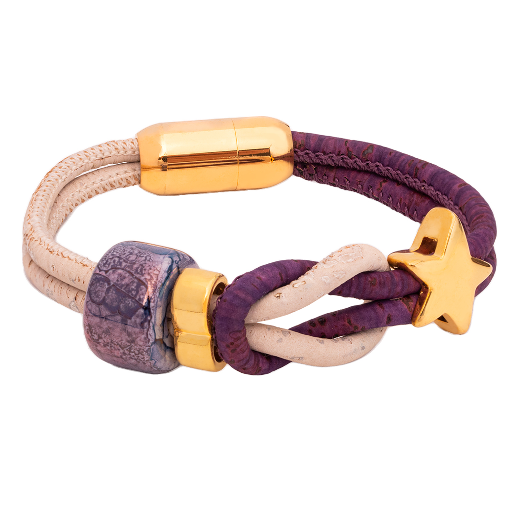 Cork And Ceramic Globe Thistles Bracelet : BR-GT-PUWH-M