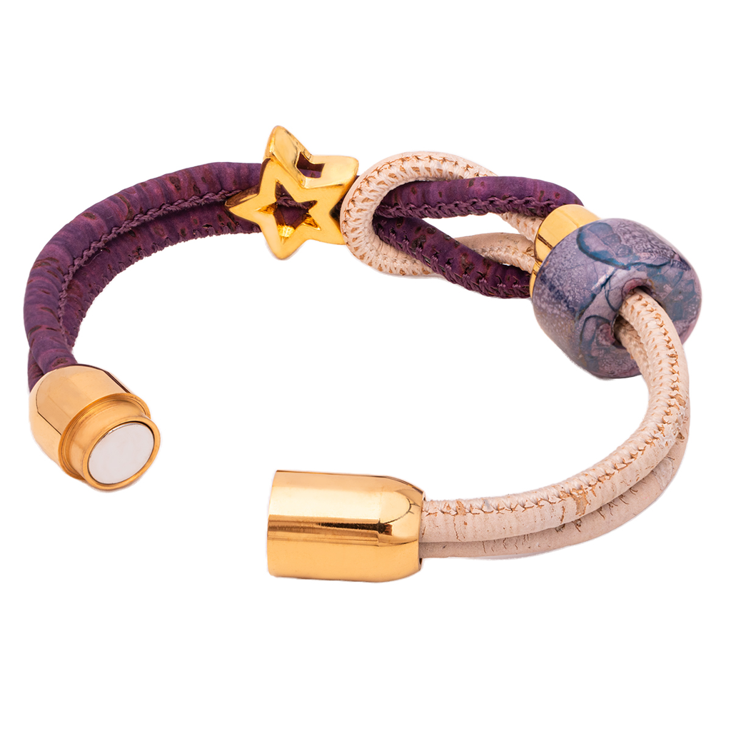 Cork And Ceramic Globe Thistles Bracelet : BR-GT-PUWH-S