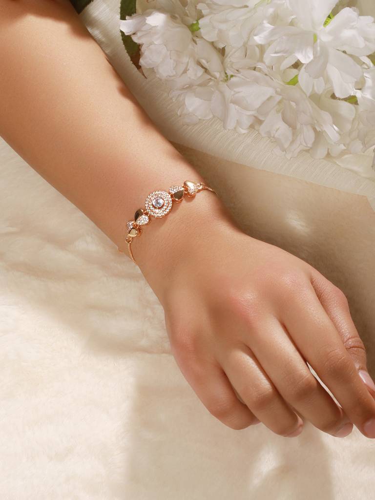 Women Brass Cubic Zirconia Rose-Gold-Plated Link Bracelet : BR-JS24-10101