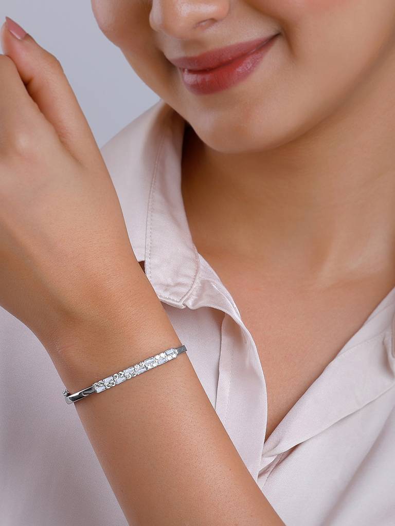 Silver Zircon Baguette Bracelet Adjustable : BR01078