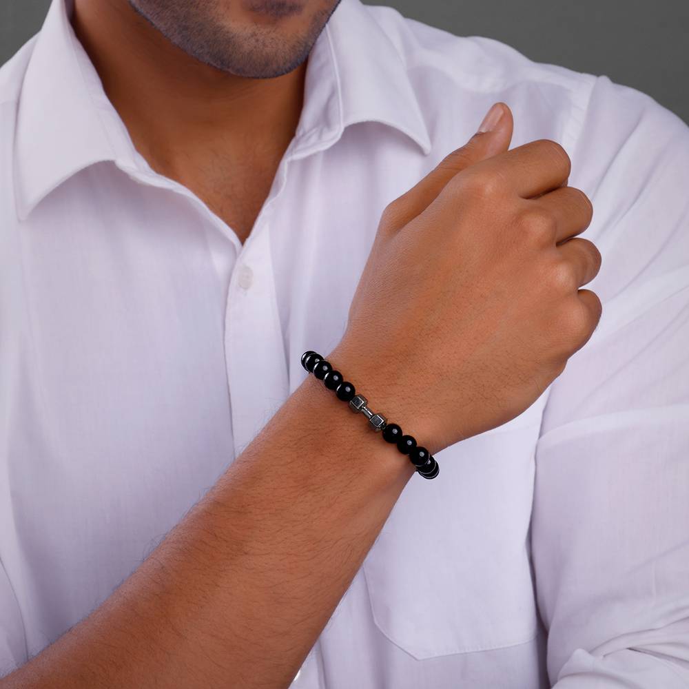 925 Silver Black Rhodium Dumble Beaded Bracelet For Him, Adjustable : BR01162