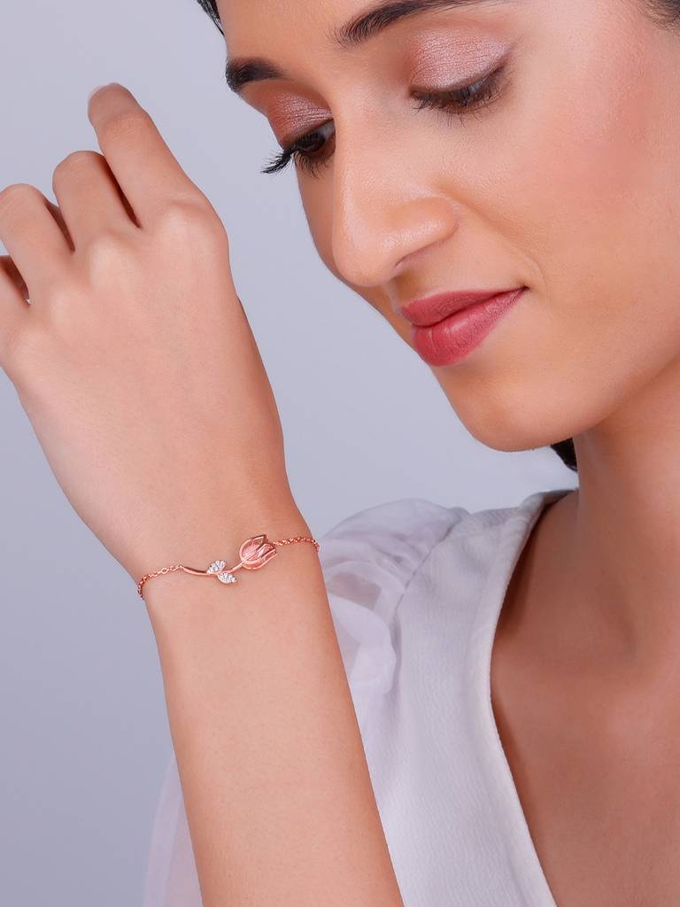 Giva 925 Silver Rose Gold Pink Quartz Flower Bracelet Adjustable : BR0924