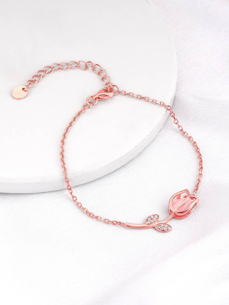 Giva 925 Silver Rose Gold Pink Quartz Flower Bracelet Adjustable : BR0924