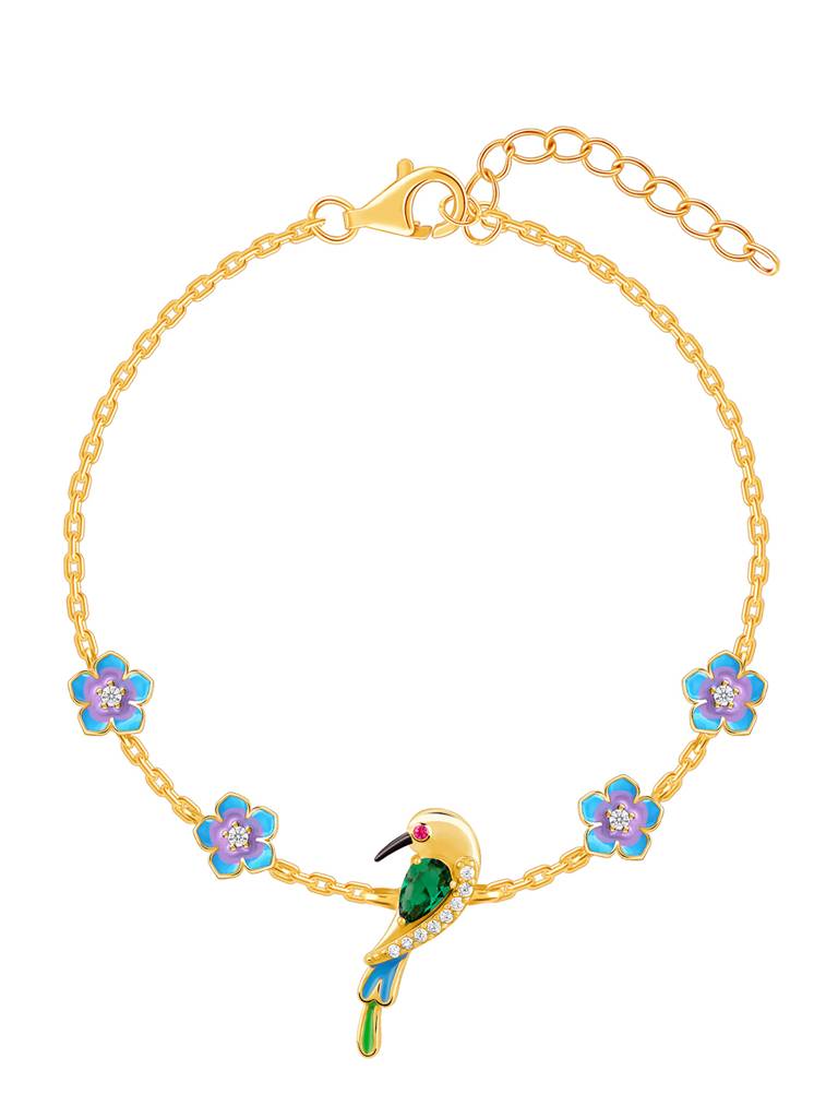 925 Silver Golden Bird Amidst Flowers Bracelet For Women : BR0993