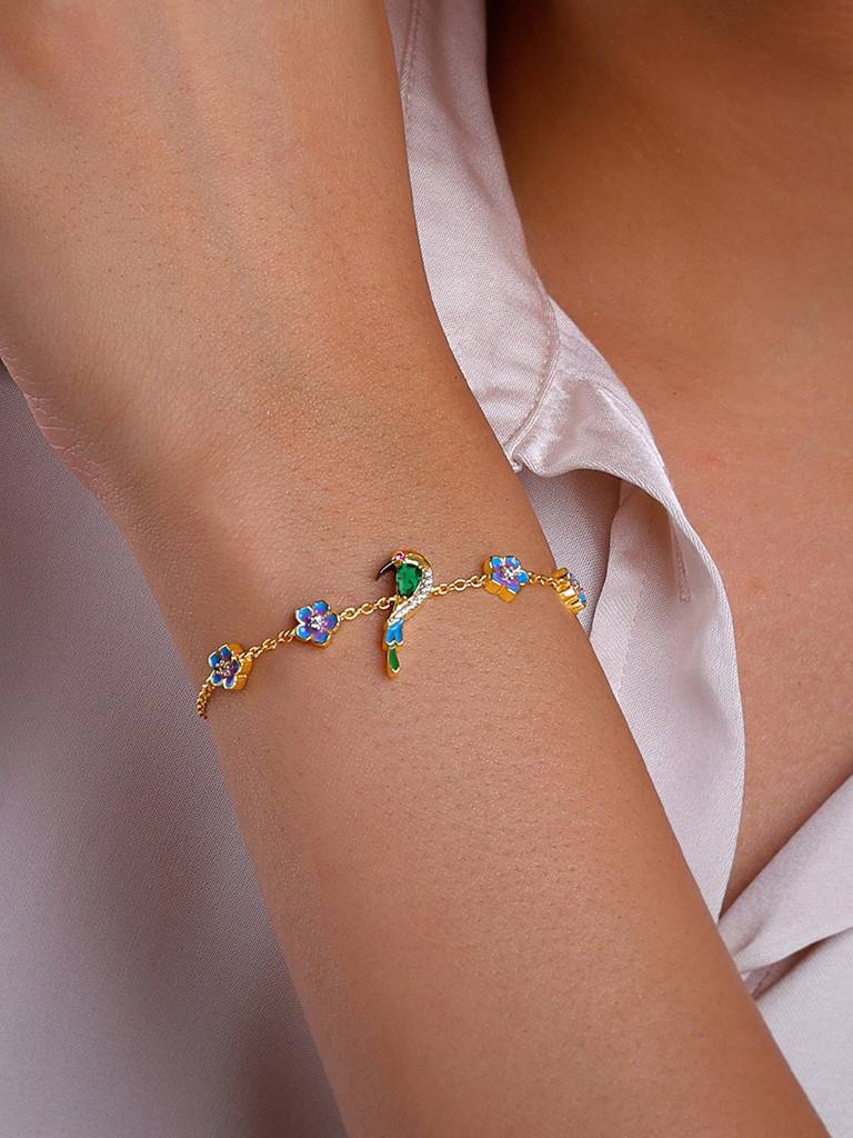 925 Silver Golden Bird Amidst Flowers Bracelet For Women : BR0993