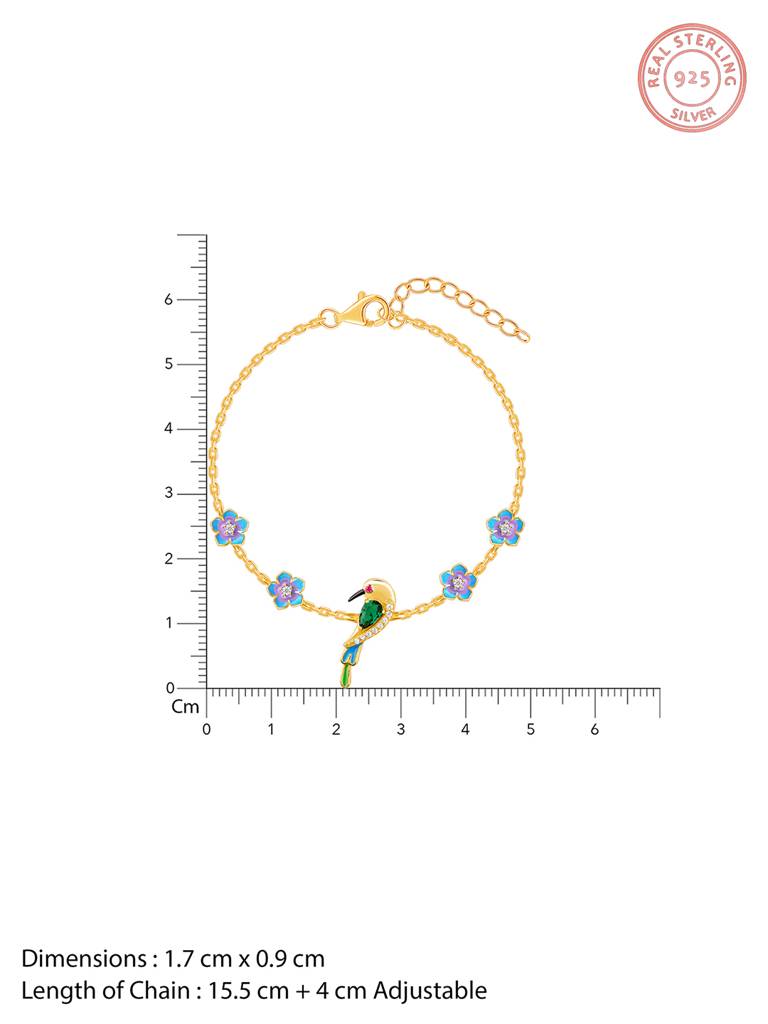 925 Silver Golden Bird Amidst Flowers Bracelet For Women : BR0993