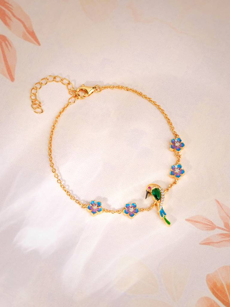 925 Silver Golden Bird Amidst Flowers Bracelet For Women : BR0993