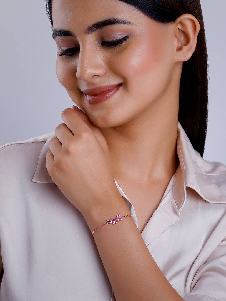925 Silver Rose Gold Fly In Pink Bracelet For Women : BR0999