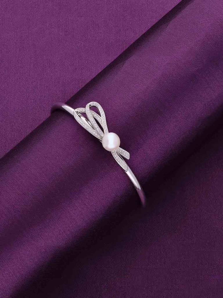 Ribboned Diamante Pearl Silver Bracelet : BRBN66-S-NA
