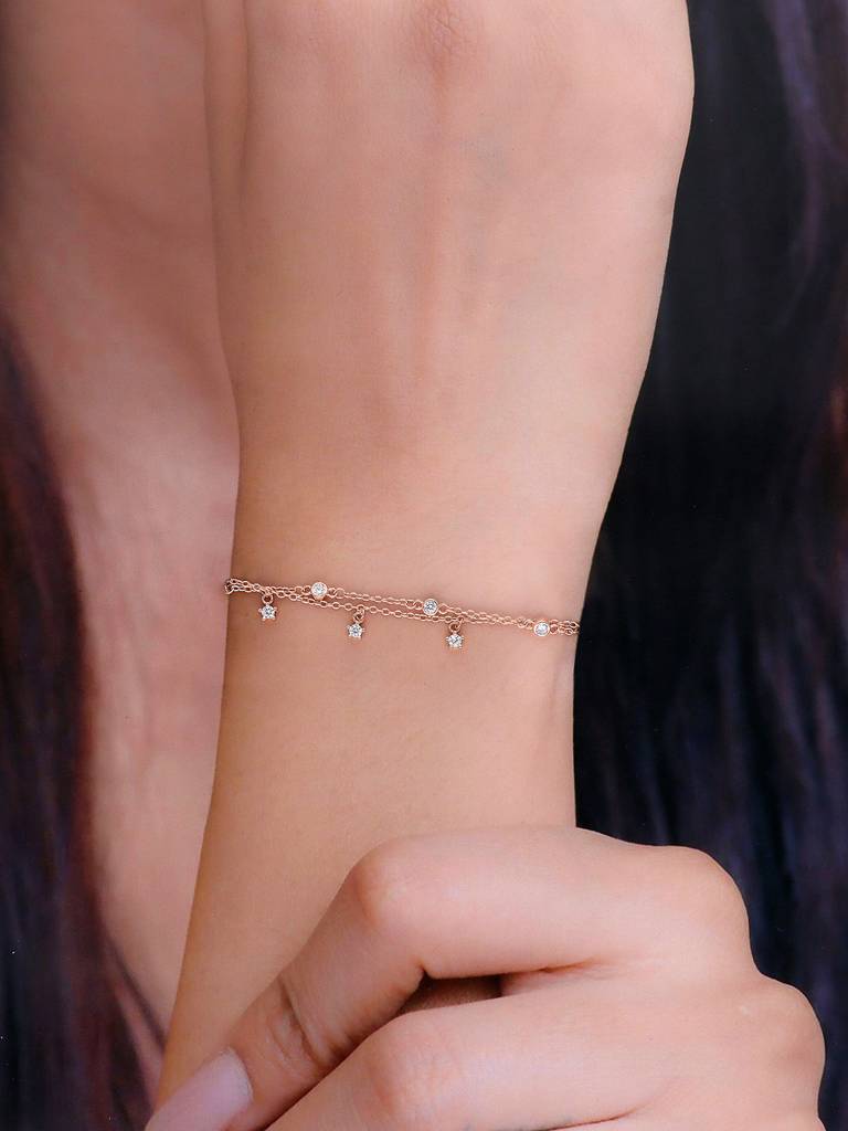 Sterling Silver Rose Gold Shimmering String Of Stars Charm Bracelet : BRCH12-RG-NA