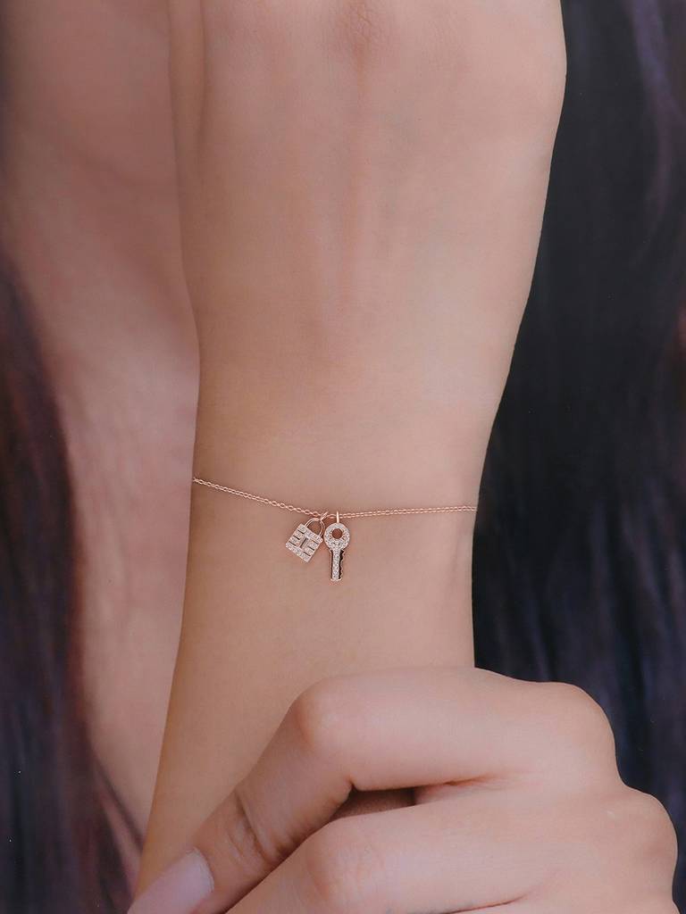 Sterling Silver Rose Gold Lock & Key Charm Bracelet : BRCH14-RG-NA