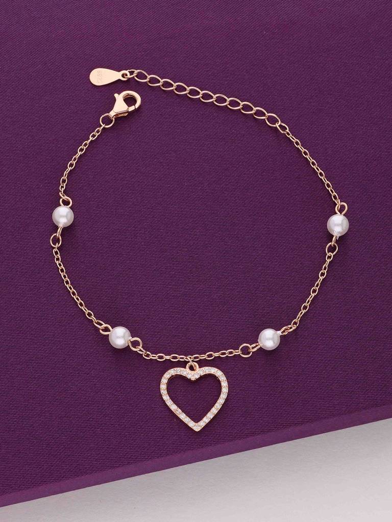 Sterling Silver Rose Gold Pearls With A Heart Charm Bracelet : BRCH16-RG-NA