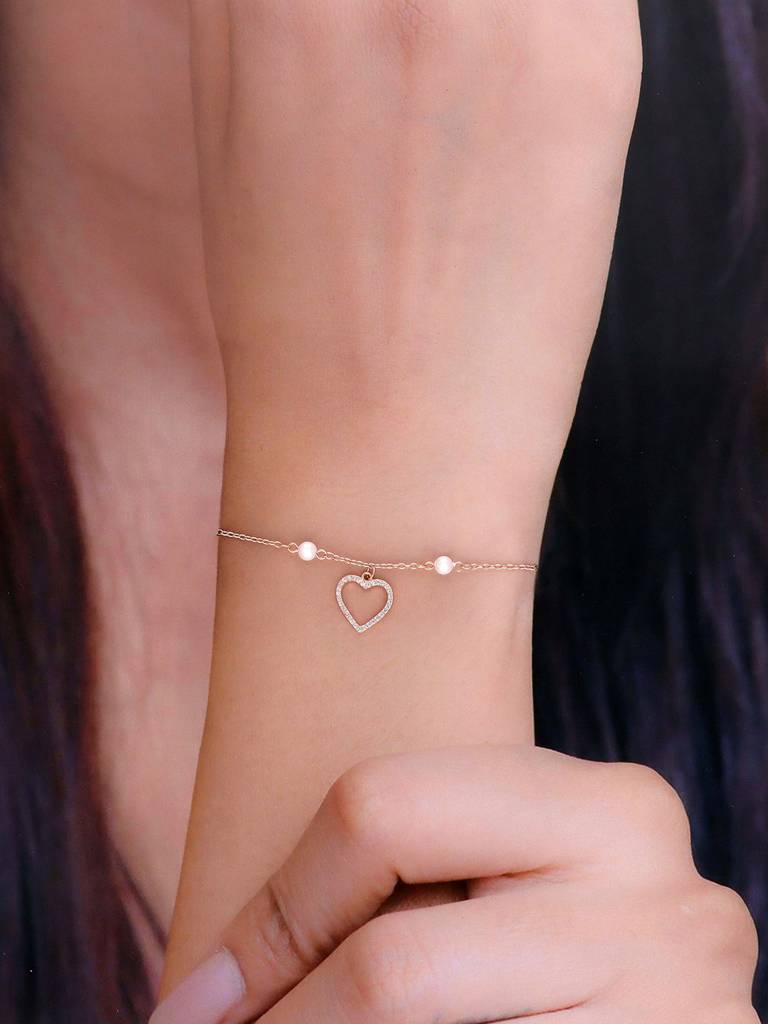 Sterling Silver Rose Gold Pearls With A Heart Charm Bracelet : BRCH16-RG-NA