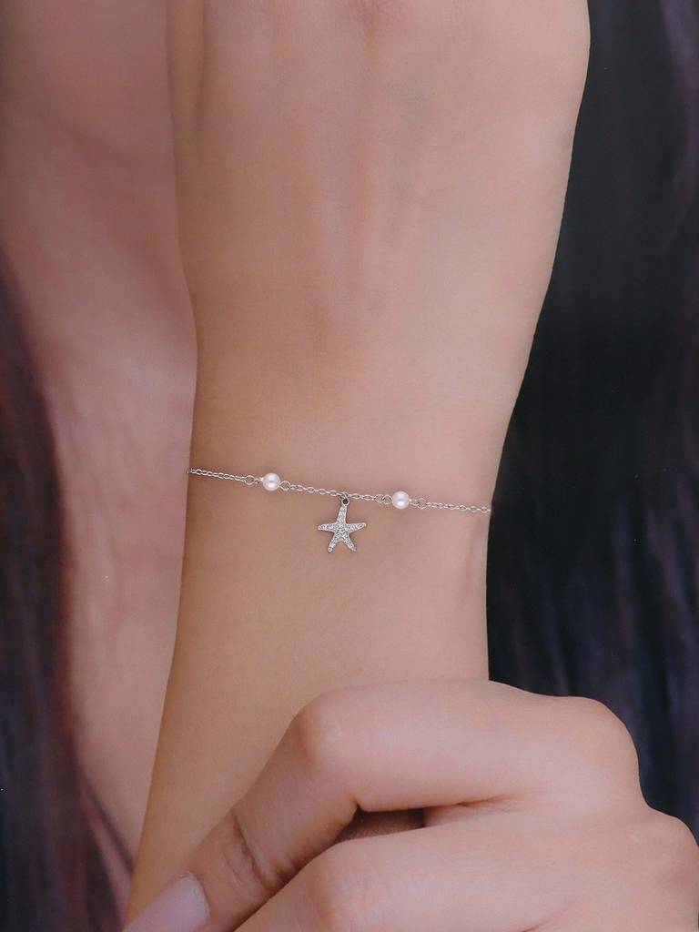 Sterling Silver Star Kissed Pearls Charm Bracelet : BRCH19-S-NA