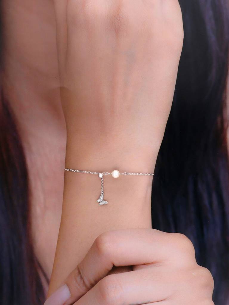Sterling Silver Butterfly Pearl Charm Bracelet : BRCH34-S-NA