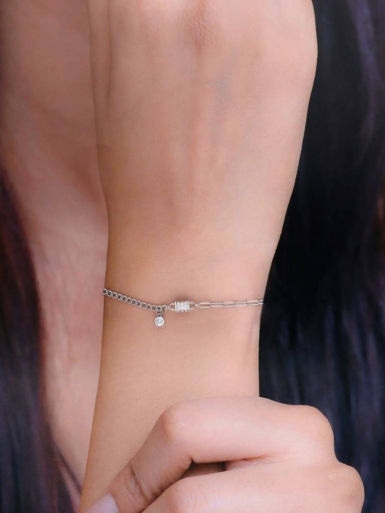 Sterling Silver Link Chain Zircon Charm Bracelet : BRCH41-S-NA