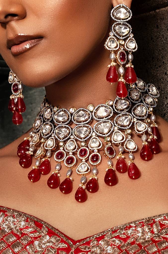 Red Polki Bridal Choker Set