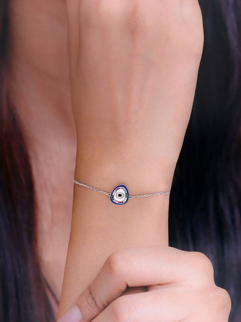 Sterling Silver Minimalistic Multi Colour Single Evil Eye Bracelet : BRLO104-S-NA