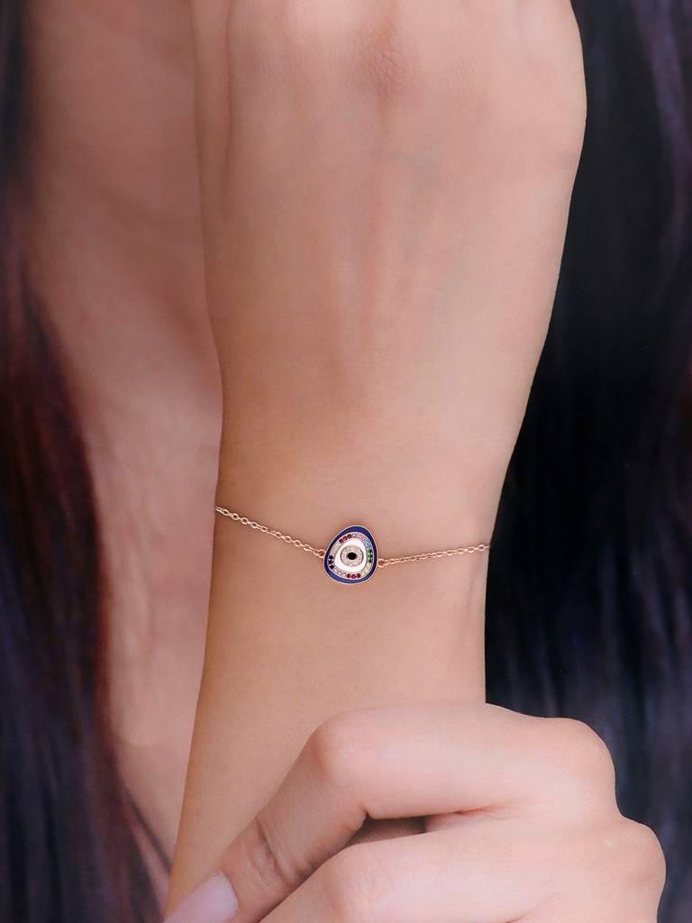 Sterling Silver Rose Gold Minimalistic Multi Colour Single Evil Eye Bracelet : BRLO105-RG-NA