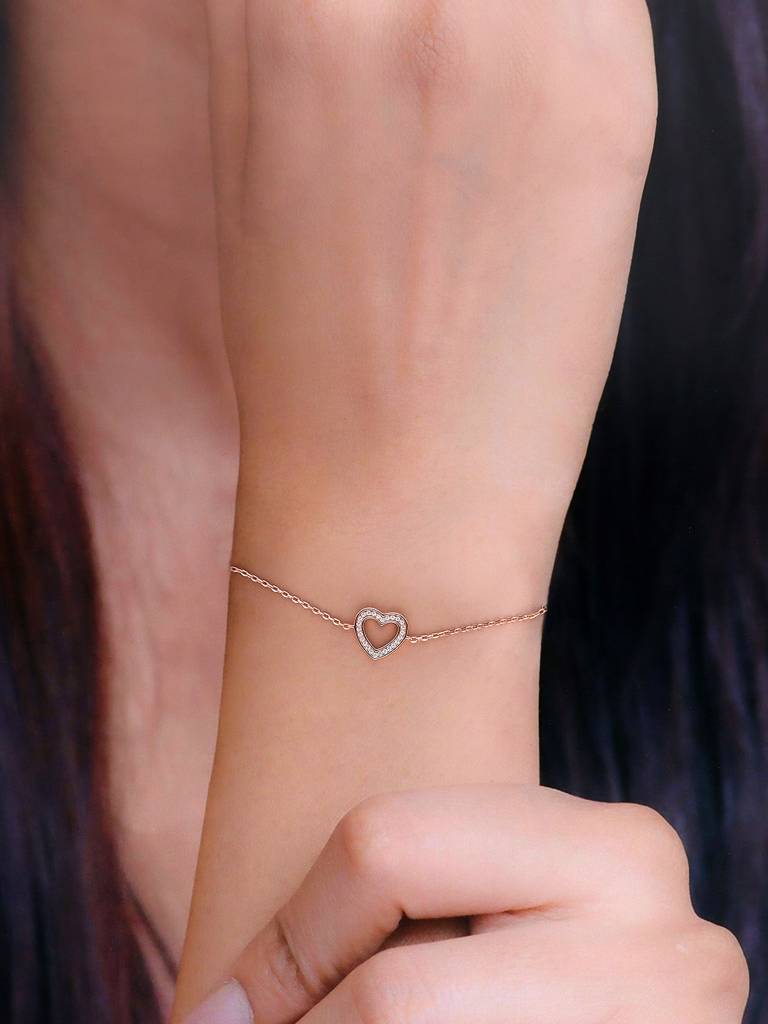 Sterling Silver Rose Gold Diamond Laced Heart Bracelet : BRLO139-RG-NA