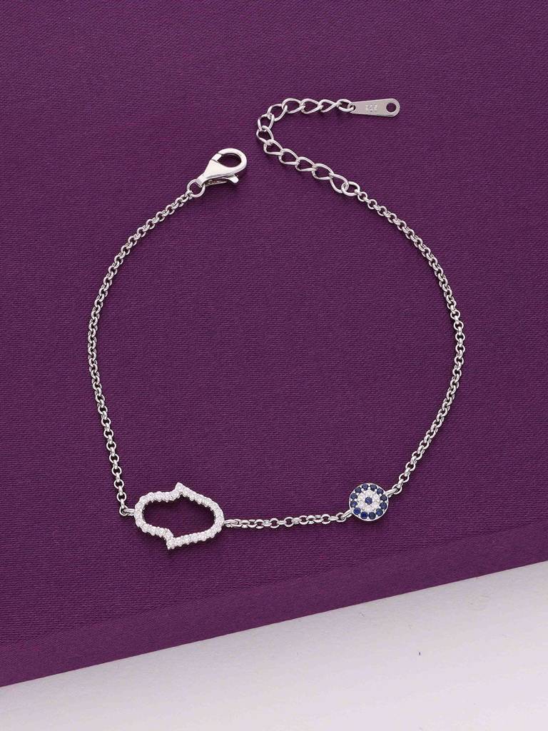 Sterling Silver Minimalistic Single Hamsa And Evil Eye Bracelet : BRLO146-S-NA