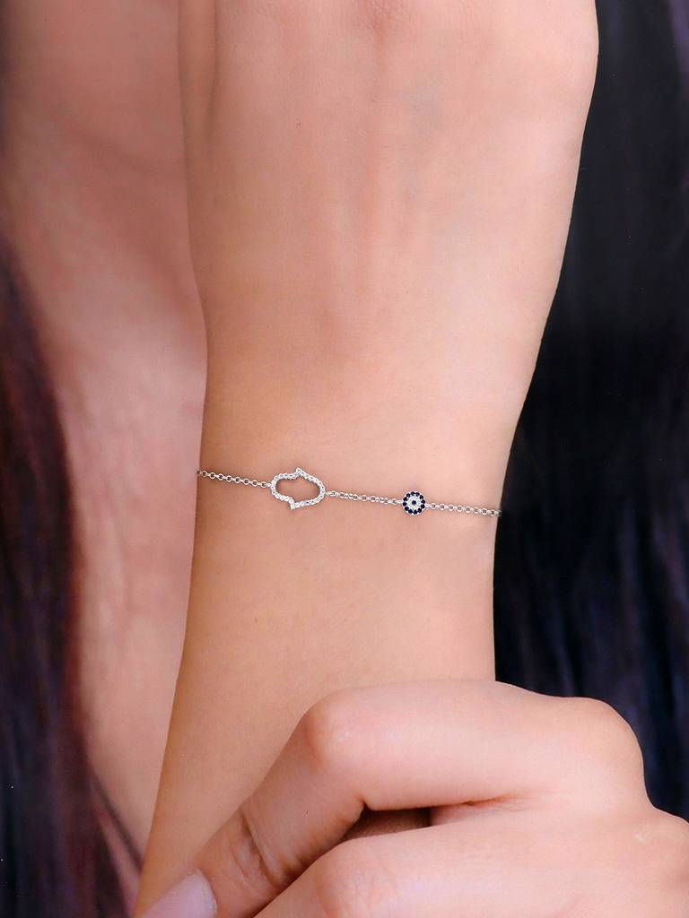 Sterling Silver Minimalistic Single Hamsa And Evil Eye Bracelet : BRLO146-S-NA