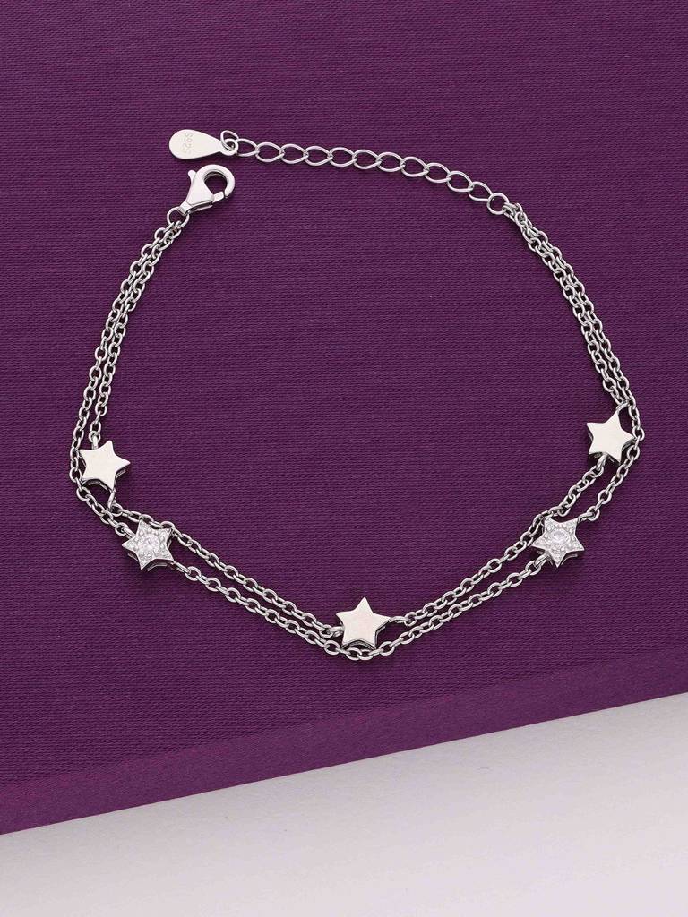 Sterling Silver Minimal Double Layered Stars Casual Bracelet : BRLO194-S-NA