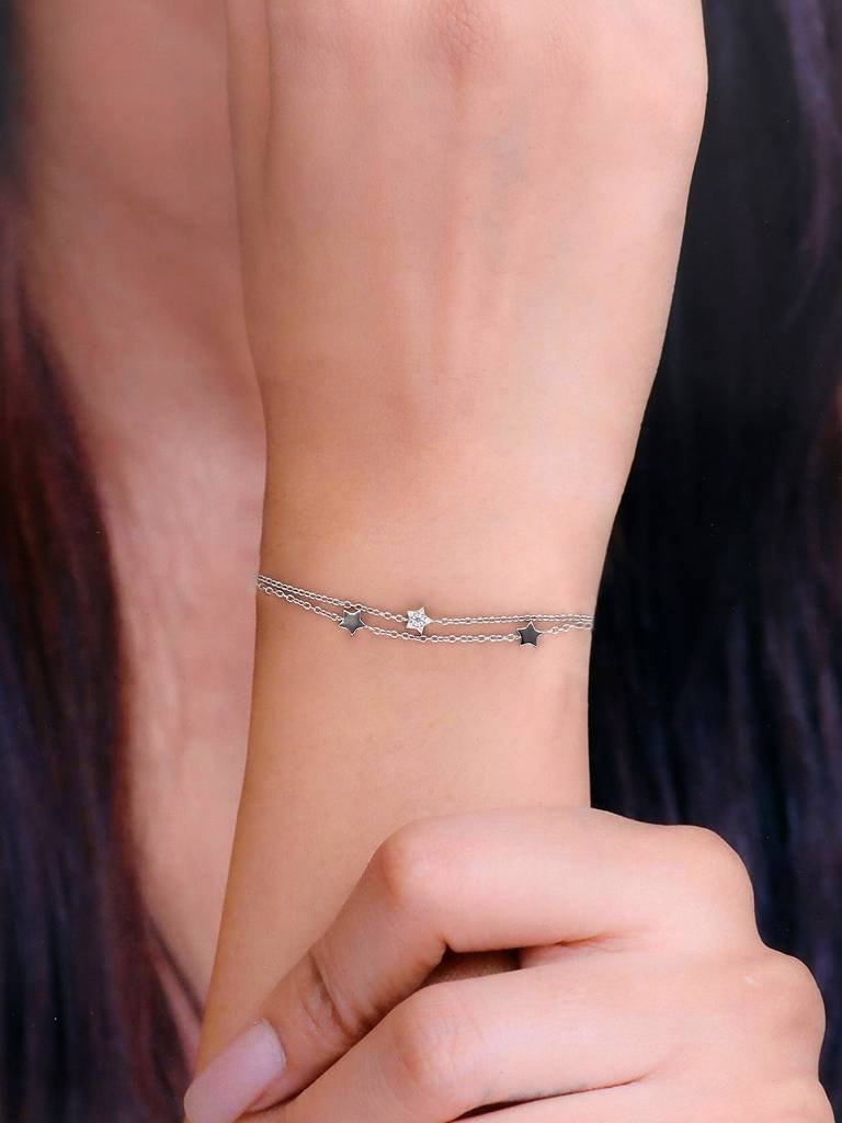 Sterling Silver Minimal Double Layered Stars Casual Bracelet : BRLO194-S-NA