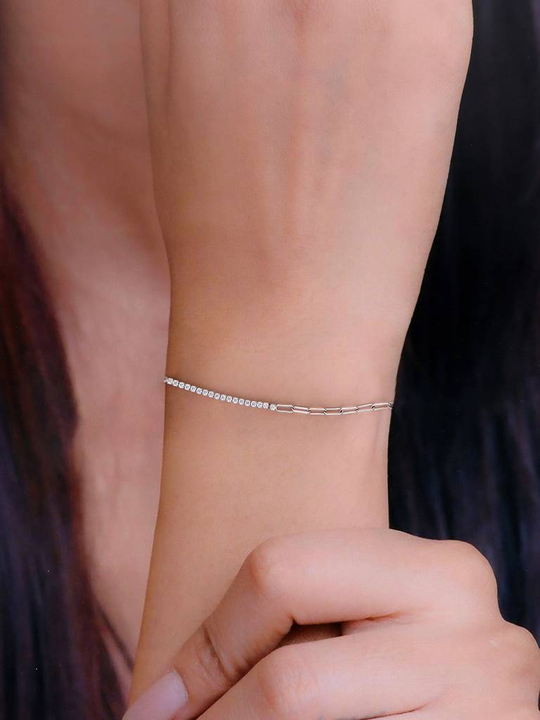 Sterling Silver Intertwined Chains And String Of Zircons Bracelet : BRLO203-S-NA