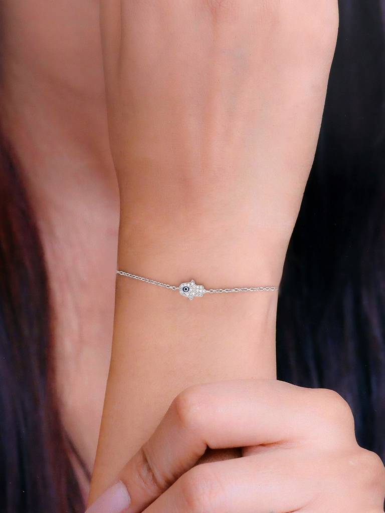 Sterling Silver Minimalistic Studded Single Hamsa Bracelet : BRLO225-S-NA