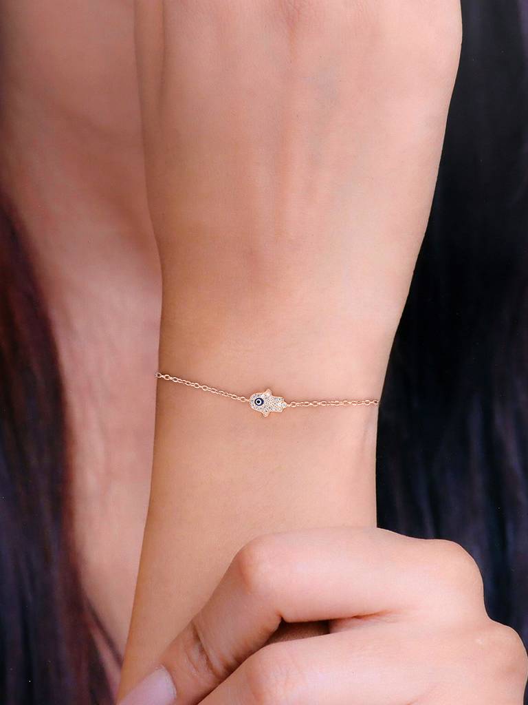 Sterling Silver Rose Gold Minimalistic Studded Single Hamsa Bracelet : BRLO226-RG-NA