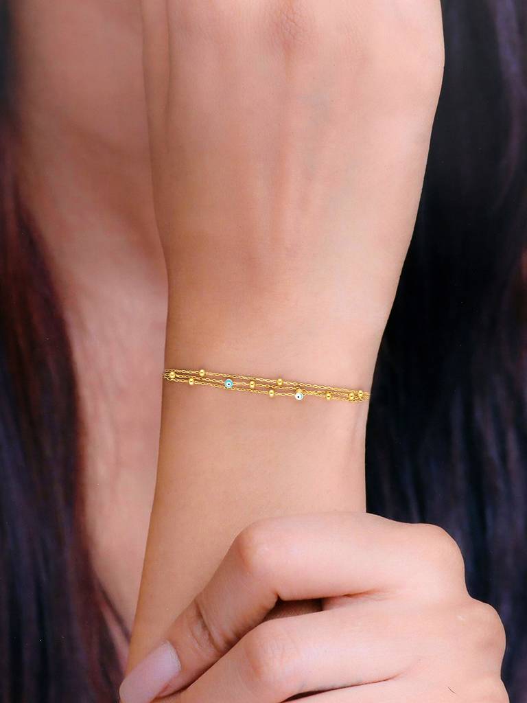 Sterling Silver Gold Triple Strand Beaded Evil Eye Bracelet : BRLO239-G-NA