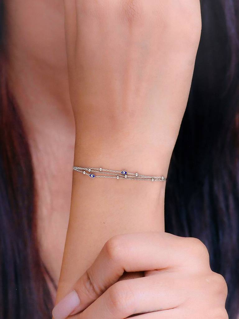 Sterling Silver Beads Evil Eye 3-Layered Casual Bracelet : BRLO240-S-NA