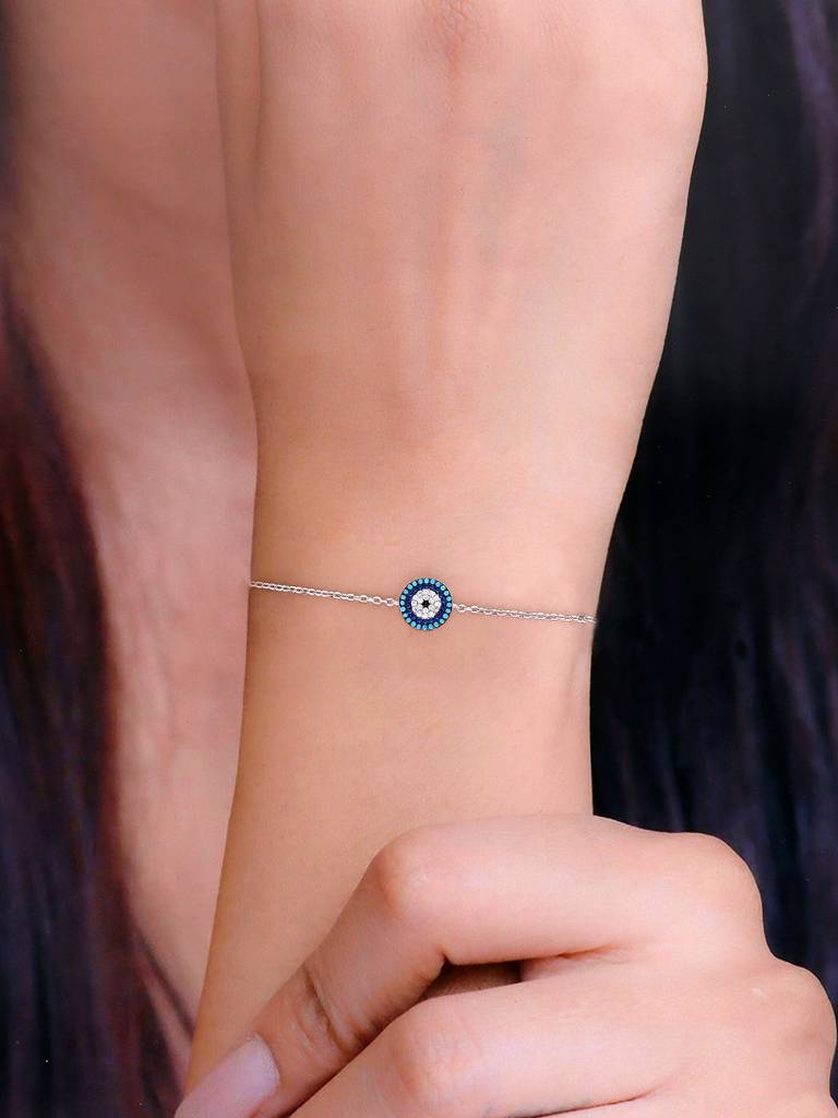 Sterling Silver Minimalistic Circular Single Evil Eye Bracelet : BRLO275-S-NA