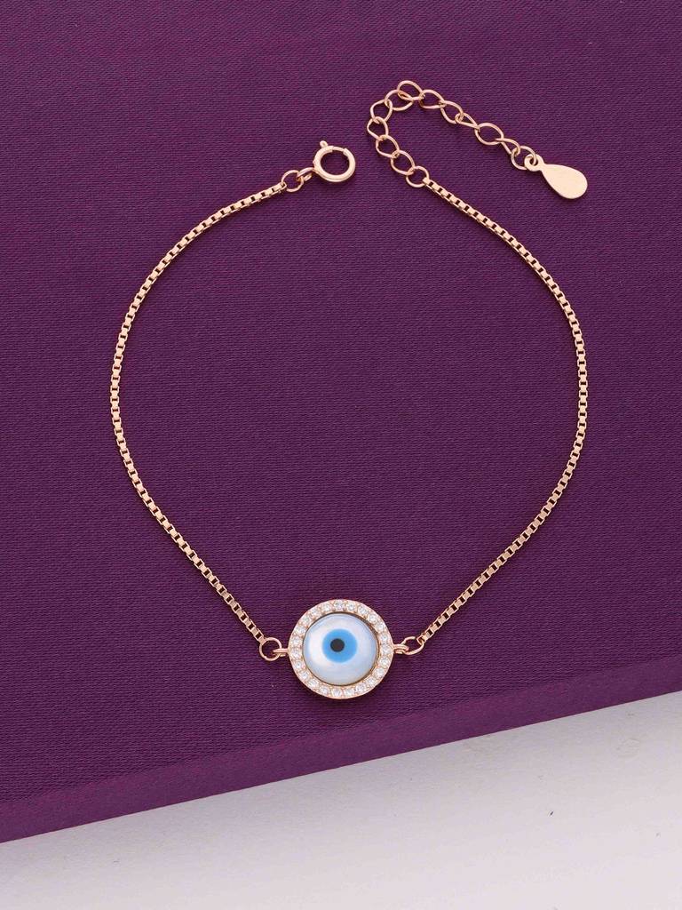 Sterling Silver Rose Gold Minimalistic White Single Evil Eye Bracelet : BRLO294-RG-NA