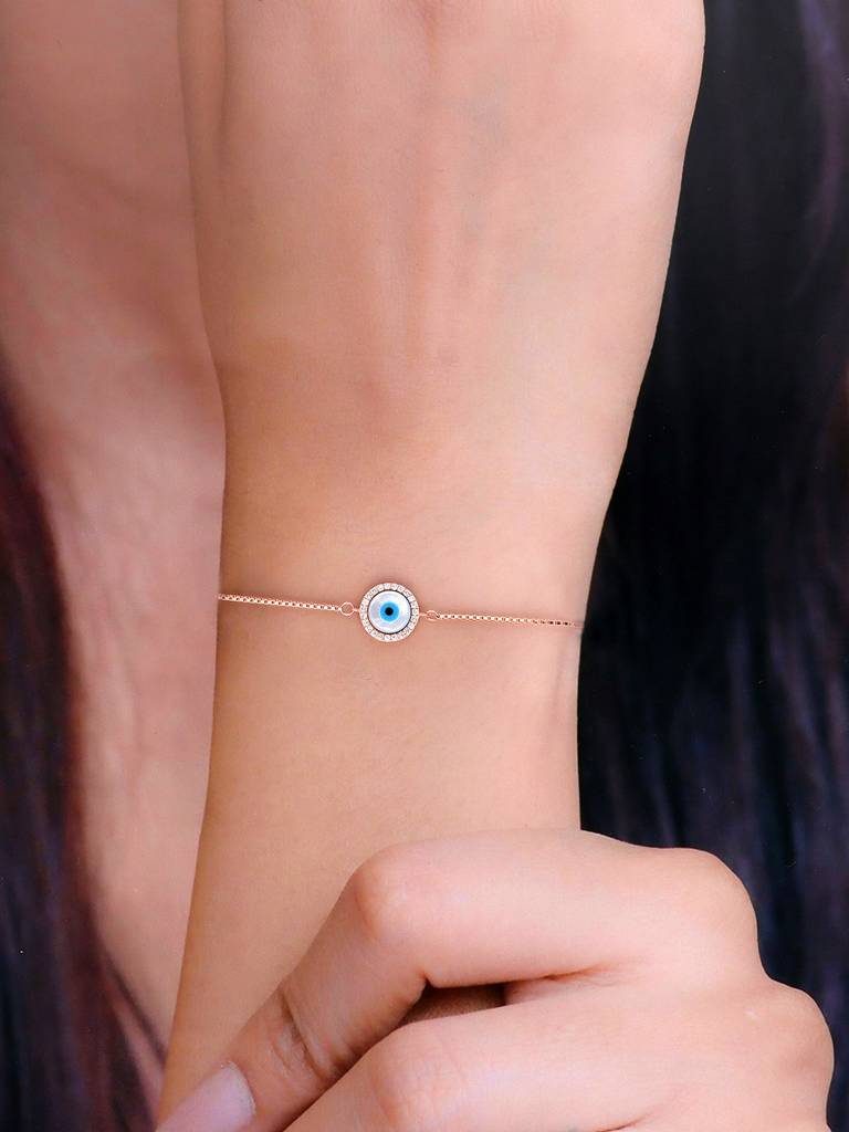 Sterling Silver Rose Gold Minimalistic White Single Evil Eye Bracelet : BRLO294-RG-NA