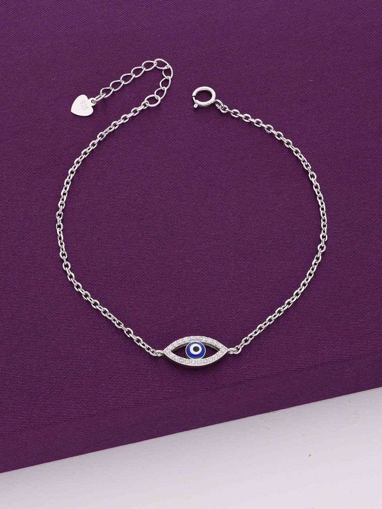 Sterling Silver Oval Single Diamond Studded Evil Eye Bracelet : BRLO295-S-NA
