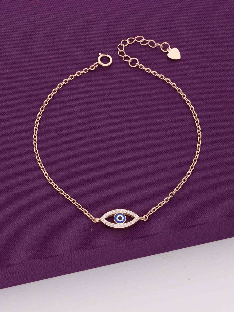 Sterling Silver Rose Gold Oval Single Diamond Studded Evil Eye Bracelet : BRLO296-RG-NA