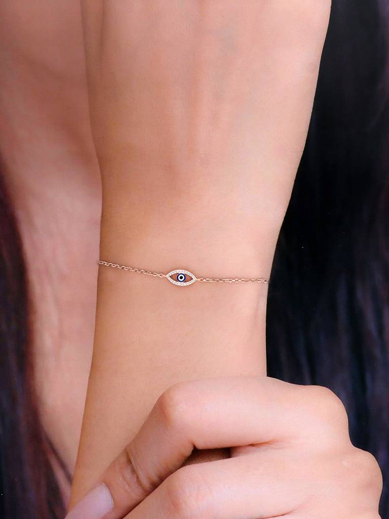Sterling Silver Rose Gold Oval Single Diamond Studded Evil Eye Bracelet : BRLO296-RG-NA