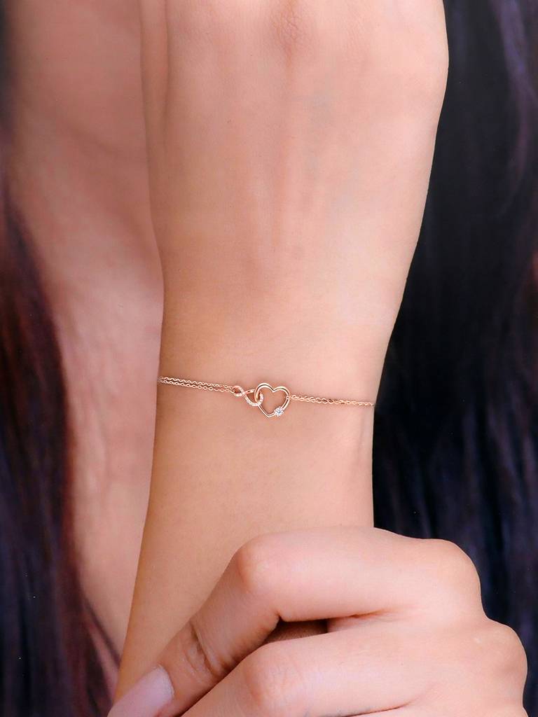 Sterling Silver Rose Gold Pave Bezel Diamond Heart Bracelet : BRLO298-RG-NA